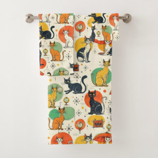 Retro-Muster der mittelalterlichen Atomzeit-Katzen Badhandtuch Set