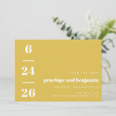 Retro-Muster fett typografisch Gelb Hochzeit Save The Date (Stehend Vorderseite)