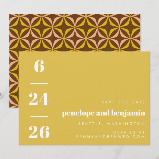 Retro-Muster fett typografisch Gelb Hochzeit Save The Date (Vorne/Hinten)
