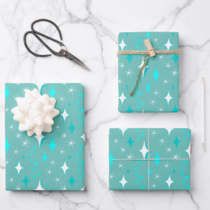 Retro-Muster für Aquamarine und weiße Sterne Geschenkpapier Set
