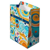 Retro Muster Gold Blue Aqua Orange Lila Mittlere Geschenktüte (Rückseite Schrägansicht)