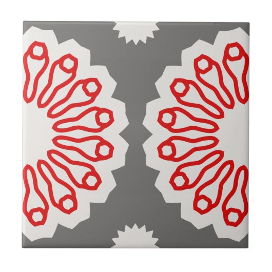 Retro-Muster, grau, rot und weiß, ethnisch geometr Fliese (Vorderseite)