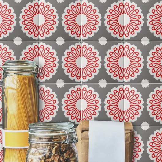 Retro-Muster, grau, rot und weiß, ethnisch geometr Fliese