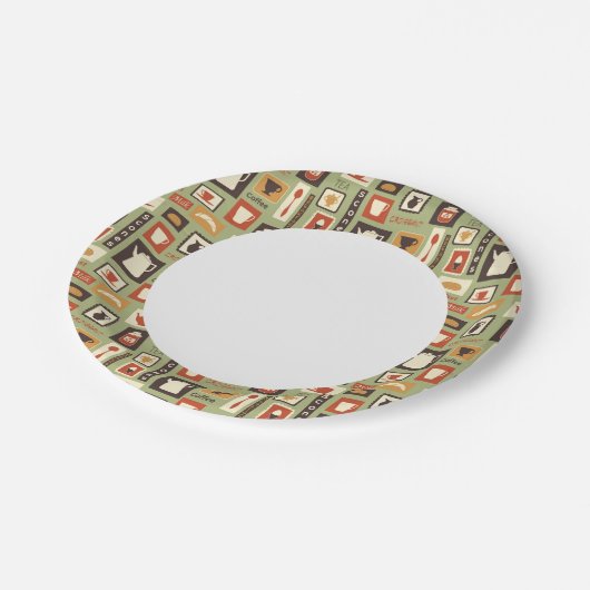 Retro-Muster mit Geschirr zum Frühstück Pappteller (Schrägansicht)