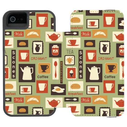 Retro Muster mit Küchen-Geschirr zum Frühstück Incipio iPhone Geldbeutel-Hülle (Folio Geöffnet)