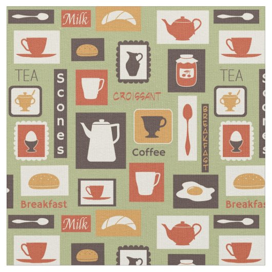 Retro Muster mit Küchen-Geschirr zum Frühstück Stoff (Nahaufnahme)