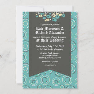 Retro-Muster und florale türkisfarbene Hochzeitska Einladung