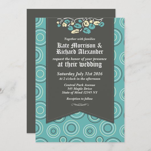 Retro-Muster und türkisfarbene Hochzeitsfeiern Einladung (Vorne/Hinten)