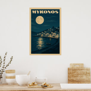 Retro Mykonos Mond Vintage Art Deco Stil Reise Poster