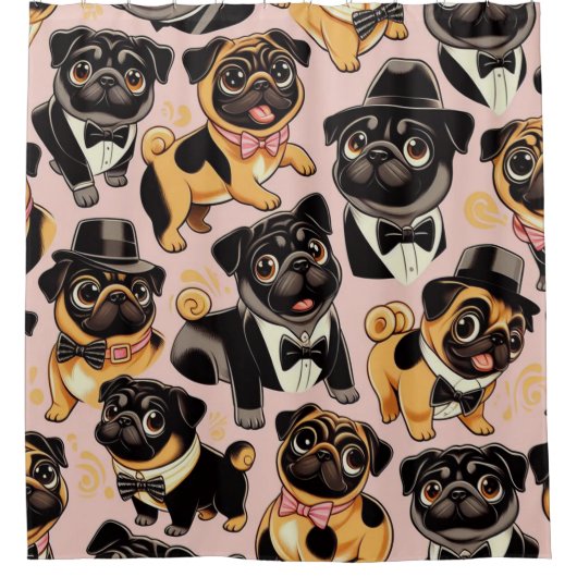 Retro Nahtloser Niedlicher Mops Duschvorhang (Vorderseite)