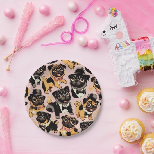 Retro Nahtloser Niedlicher Mops Pappteller (Party)