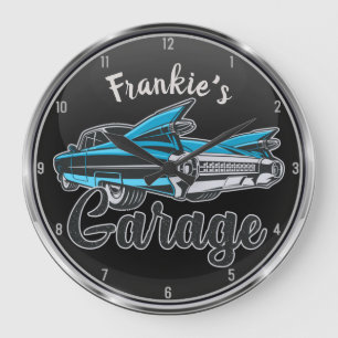Retro NAME Blue Caddy Vintage Klassiker Garage Große Wanduhr