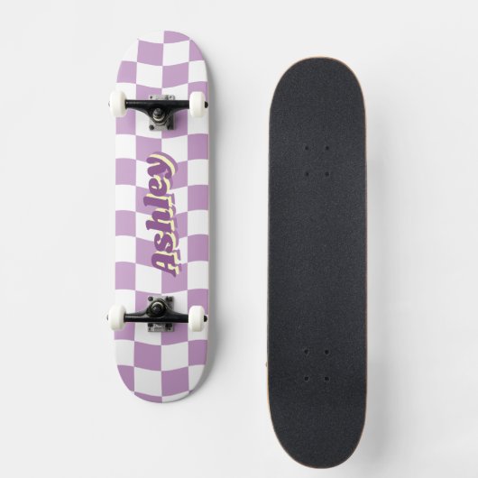 Retro Name Girly Lila White Schachbrett Muster Skateboard (Vorderseite)