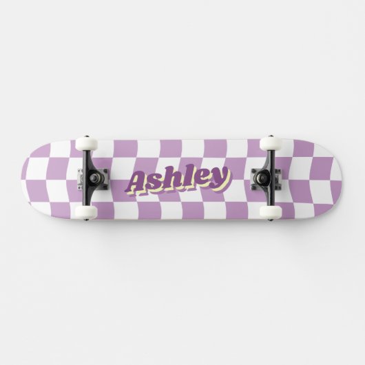 Retro Name Girly Lila White Schachbrett Muster Skateboard (Horizontal)