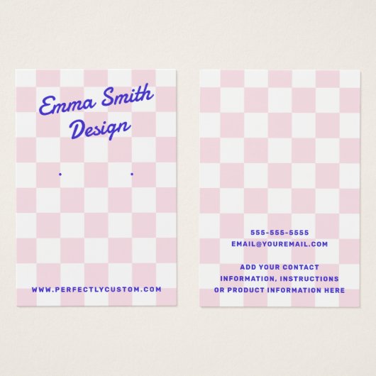 Retro Name Hellrosa weiße Schachbretter Ohrkarte (Vorne & Hinten)