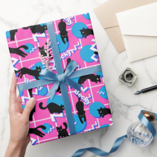 Retro Name Pink Geometric Memphis Pattern Cats Geschenkpapier