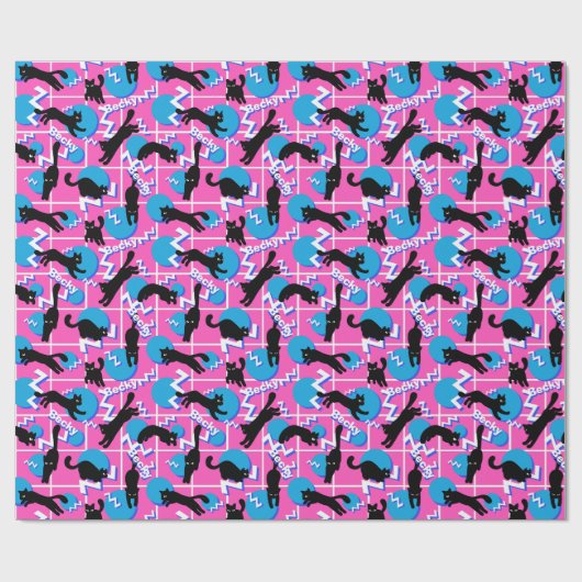 Retro Name Pink Geometric Memphis Pattern Cats Geschenkpapier (Flach)