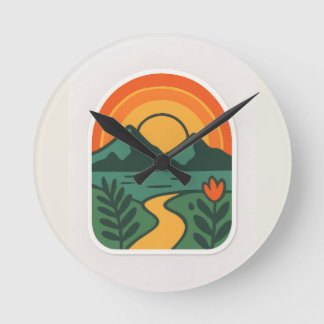 Retro Nature Sunset - Vintages Gebirge Runde Wanduhr
