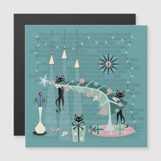 Retro Naughty Kitty Weihnachten Magneteinladung (Vorne/Hinten)