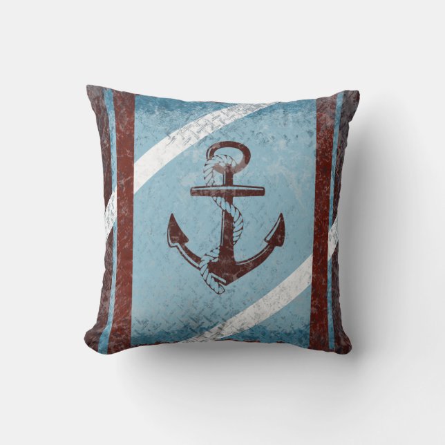 Retro Nautical Anchor Red Blue Grunge erschüttert Kissen (Vorderseite)