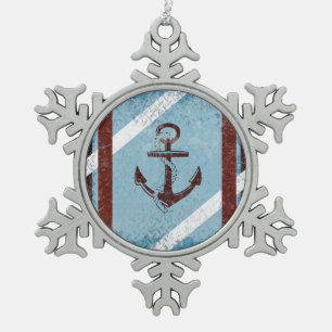 Retro Nautical Anchor Red Blue Grunge erschüttert Schneeflocken Zinn-Ornament