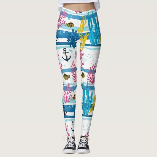 Retro-nautisches Wasserfarbmuster (2) Leggings (Vorderseite)