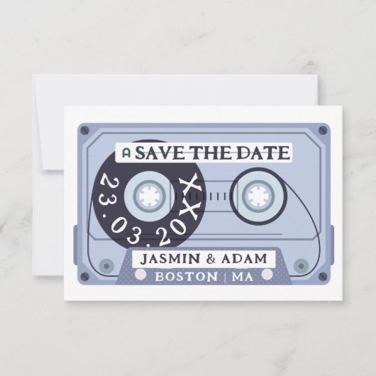 Retro Navy Blue Cassette Tape Hochzeit Save The Date (Vorderseite)
