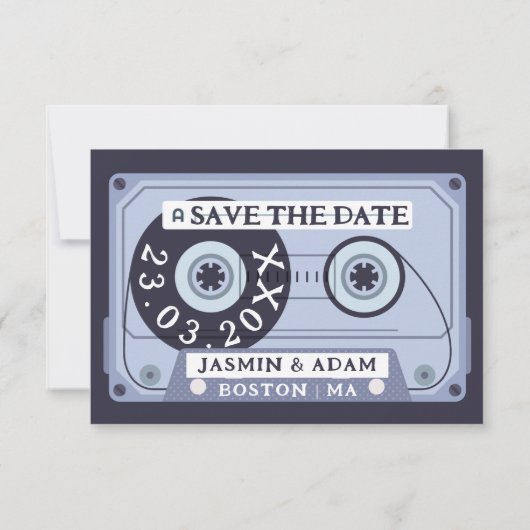 Retro Navy Blue Cassette Tape Hochzeit Save The Date (Rückseite)