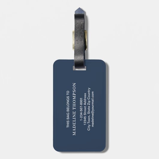 Retro Navy Blue Geometric Modern Monogram Gepäckanhänger (Rückseite vertikal)