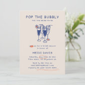 Retro Navy Blue Pop Das Bubbly Brautparty Einladung (Stehend Vorderseite)