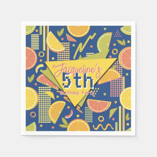 Retro Navy Blue Summer Citrus Fruit Birthday Serviette (Vorderseite)