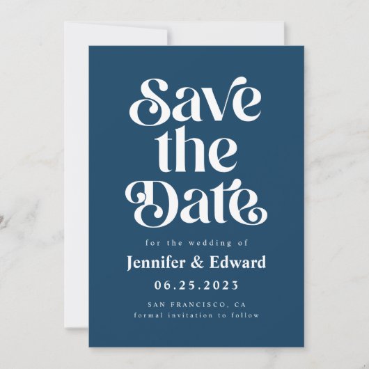 Retro Navy Blue Wedding Save The Date (Vorderseite)