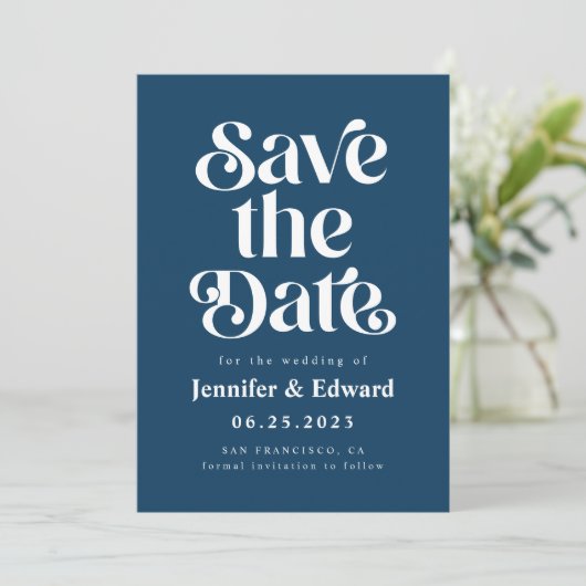 Retro Navy Blue Wedding Save The Date (Stehend Vorderseite)