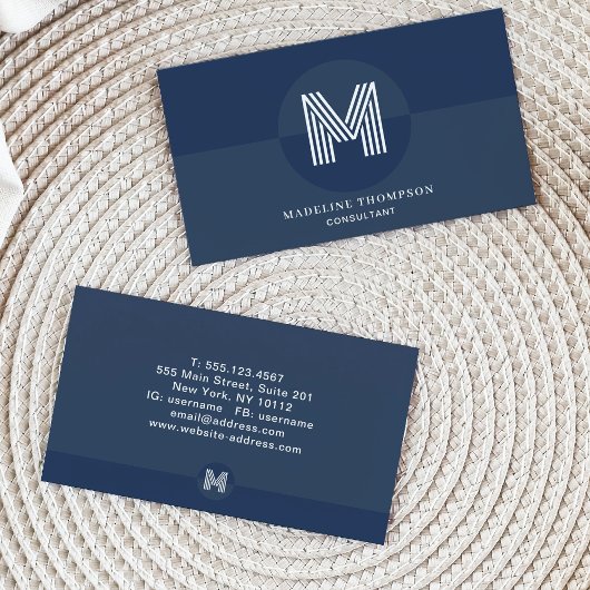 Retro Navy Blue White Geometric Modern Monogram Visitenkarte