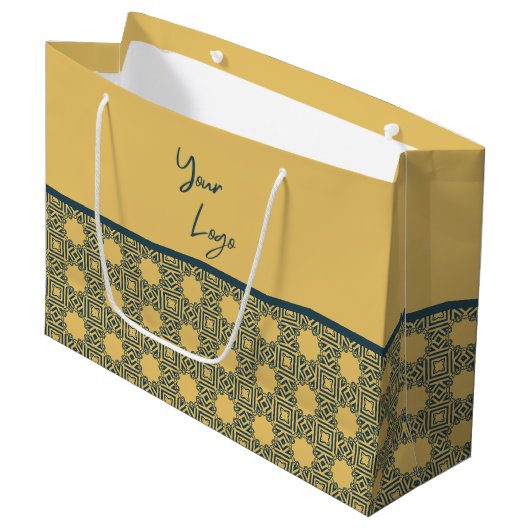 Retro Navy Brown Muster Custom Business Logo Große Geschenktüte (Vorderseite Schrägansicht)