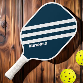 Retro Navy Drei Streifen mit Namen Pickleball Schläger