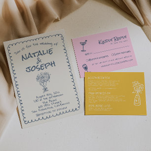 Retro Navy Hand Drawn geschrieben Funky Wedding Einladung