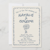 Retro Navy Hand Drawn geschrieben QR Code Hochzeit Einladung (Vorderseite)