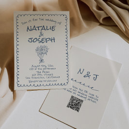 Retro Navy Hand Drawn geschrieben QR Code Hochzeit Einladung