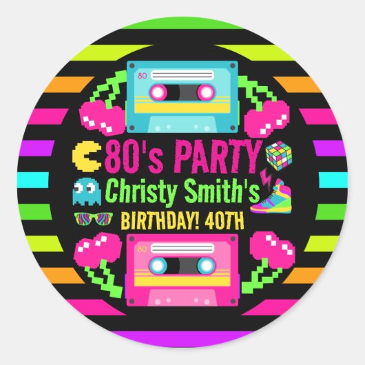 Retro Neon 80er Birthday Party Runder Aufkleber (Vorderseite)