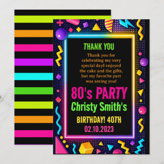 Retro Neon 80s Birthday Adult Party Dankeskarte