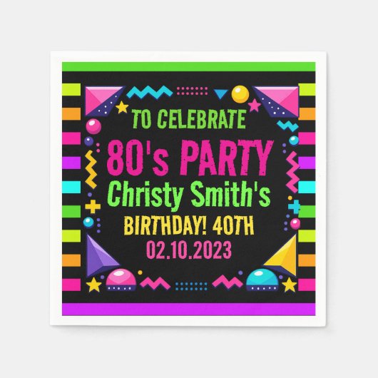 Retro Neon 80s Birthday Party Serviette (Vorderseite)