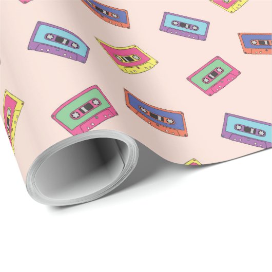 Retro Neon Audio-Kassettenbandmuster Geschenkpapier (Rolleneckpunkt)