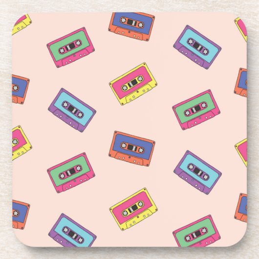 Retro Neon Audio-Kassettenbandmuster Getränkeuntersetzer (Vorderseite)