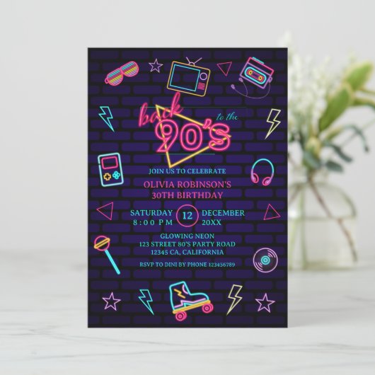 Retro Neon Birthday Party in den 90er Jahren Einladung (Stehend Vorderseite)