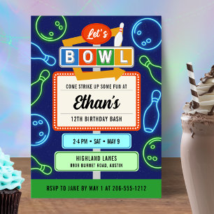 Retro-Neon-Bowling-Einladung zum Geburtstag eines Einladung