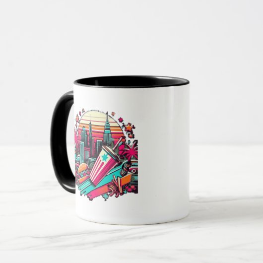 Retro Neon Cityscape mit Fast Food Vibes Tasse (Vorderseite Links)