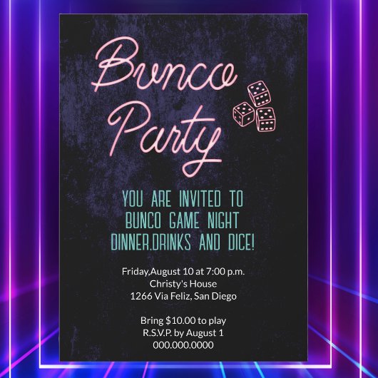 Retro Neon Dice Bunco Party Event Einladung