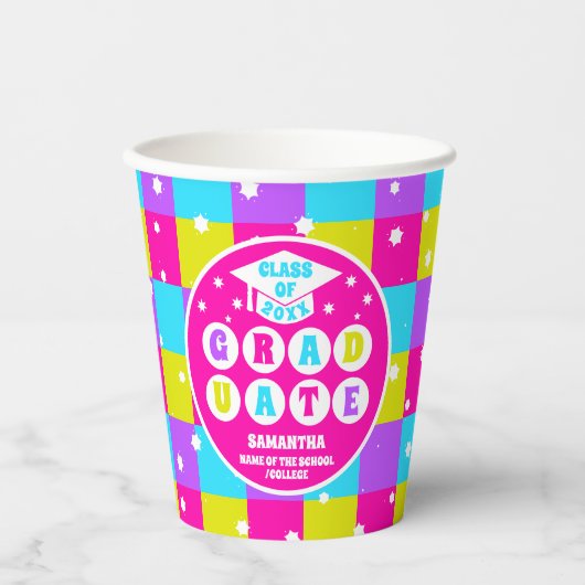 Retro Neon Graduation Party Pappbecher (Vorderseite)