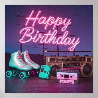 Retro Neon Happy Birthday Schild in rosa und aquam